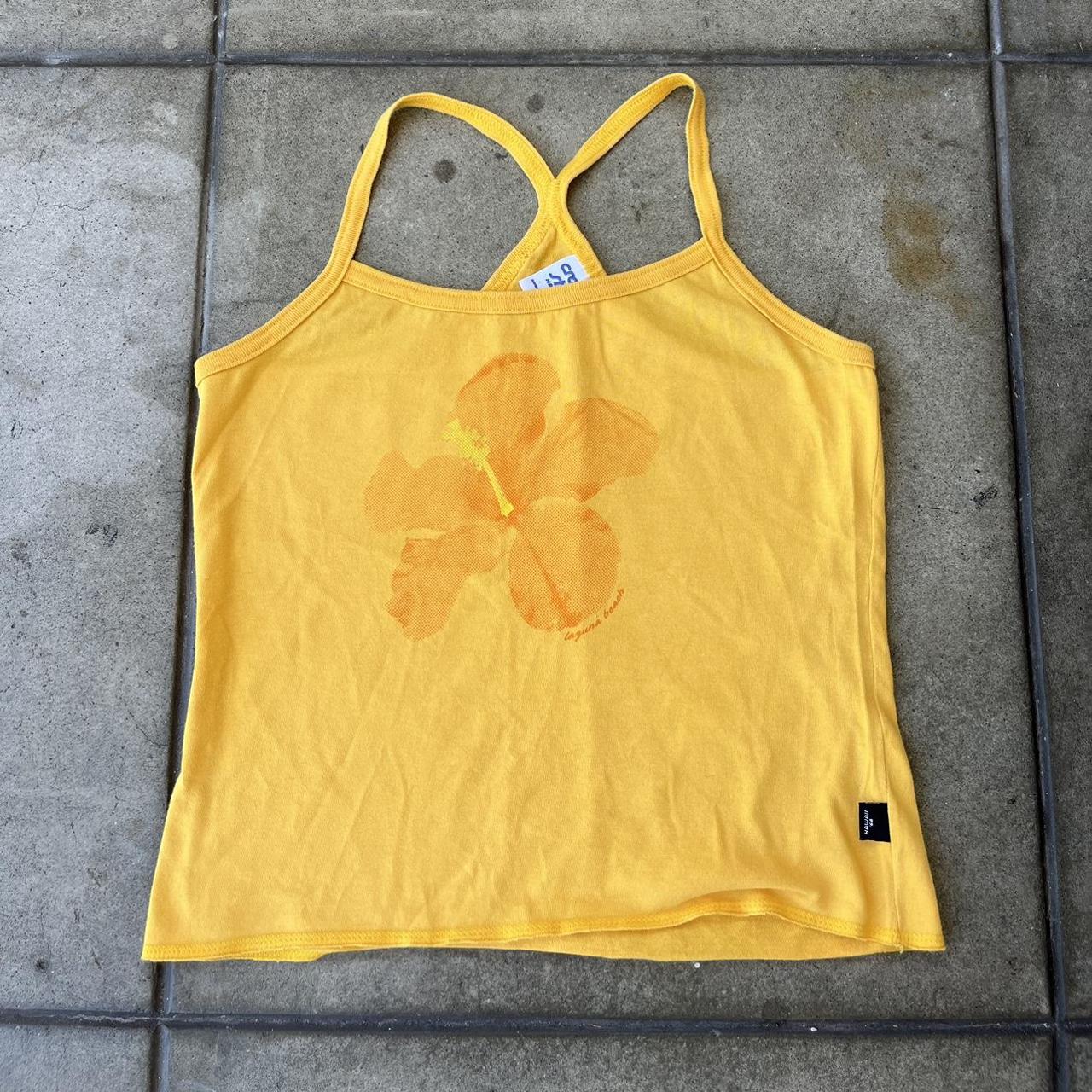 2000’a crazy shirt yellow halter top. says “laguna... Depop