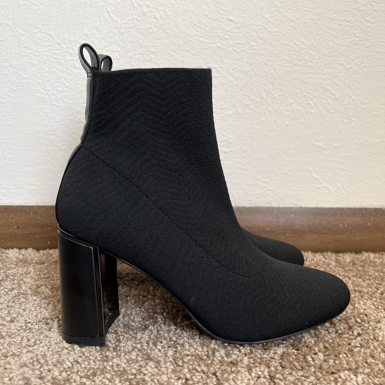 Black knit ankle boots with a block heel and leather. Depop