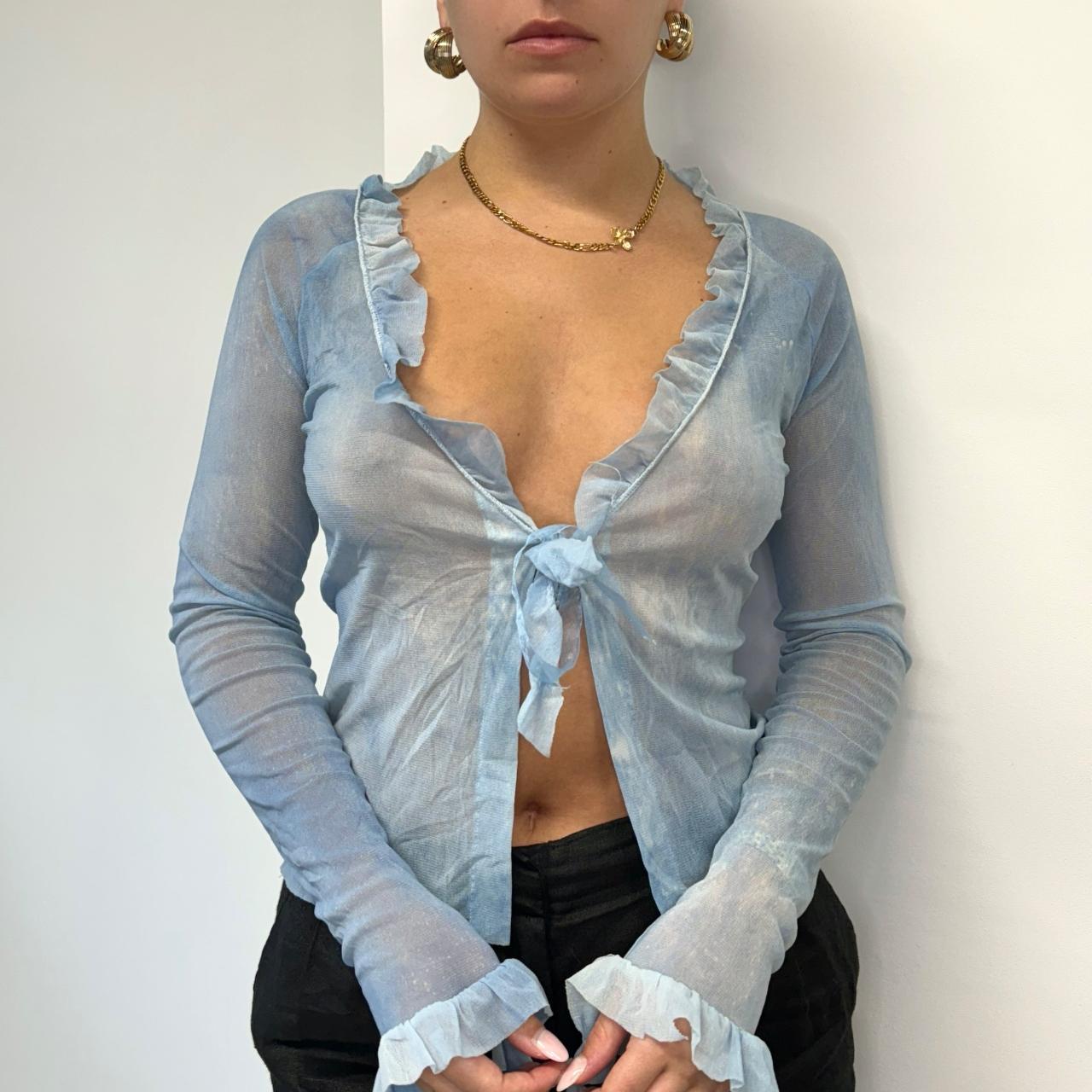 Vintage blue mesh front-tie top, with ruffling on... - Depop
