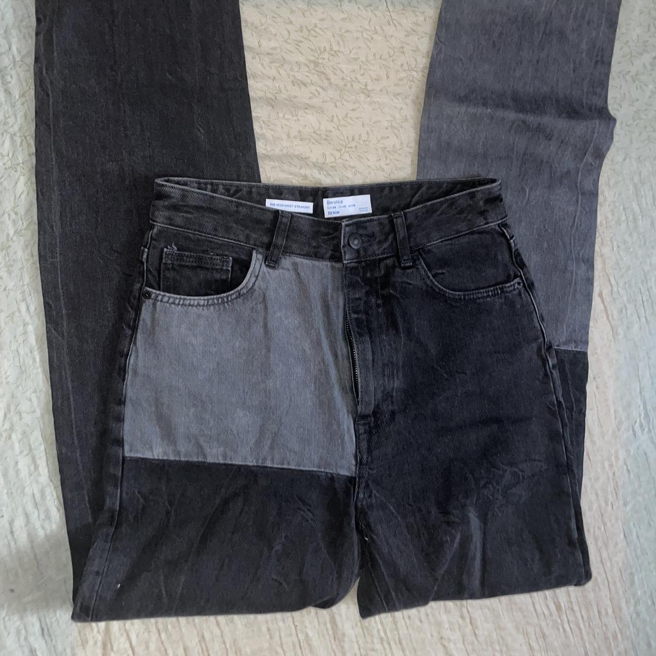 black and grey color block bershka jeans high... - Depop