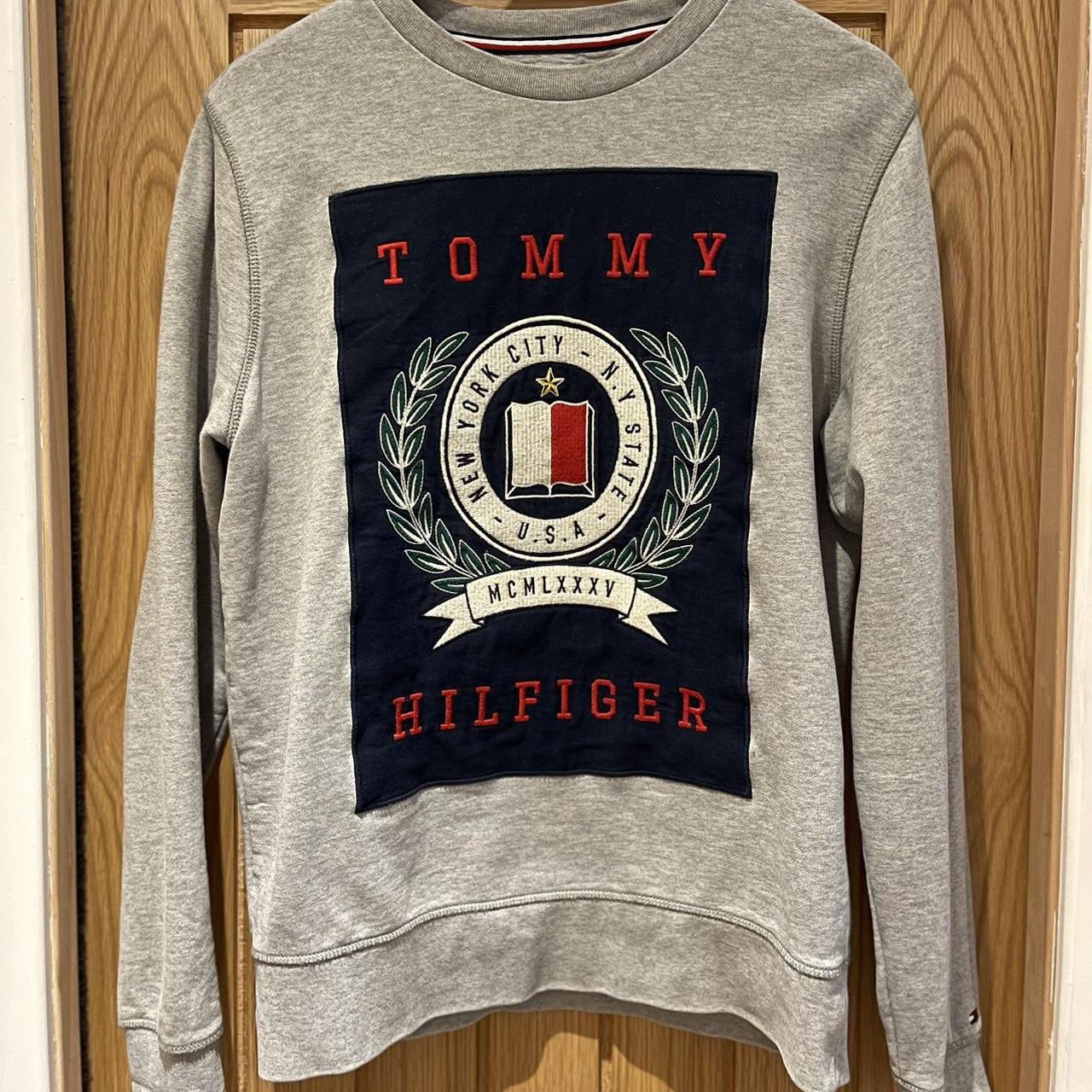 Tommy Hilfiger Grey Large Logo Sweatshirt Size... - Depop