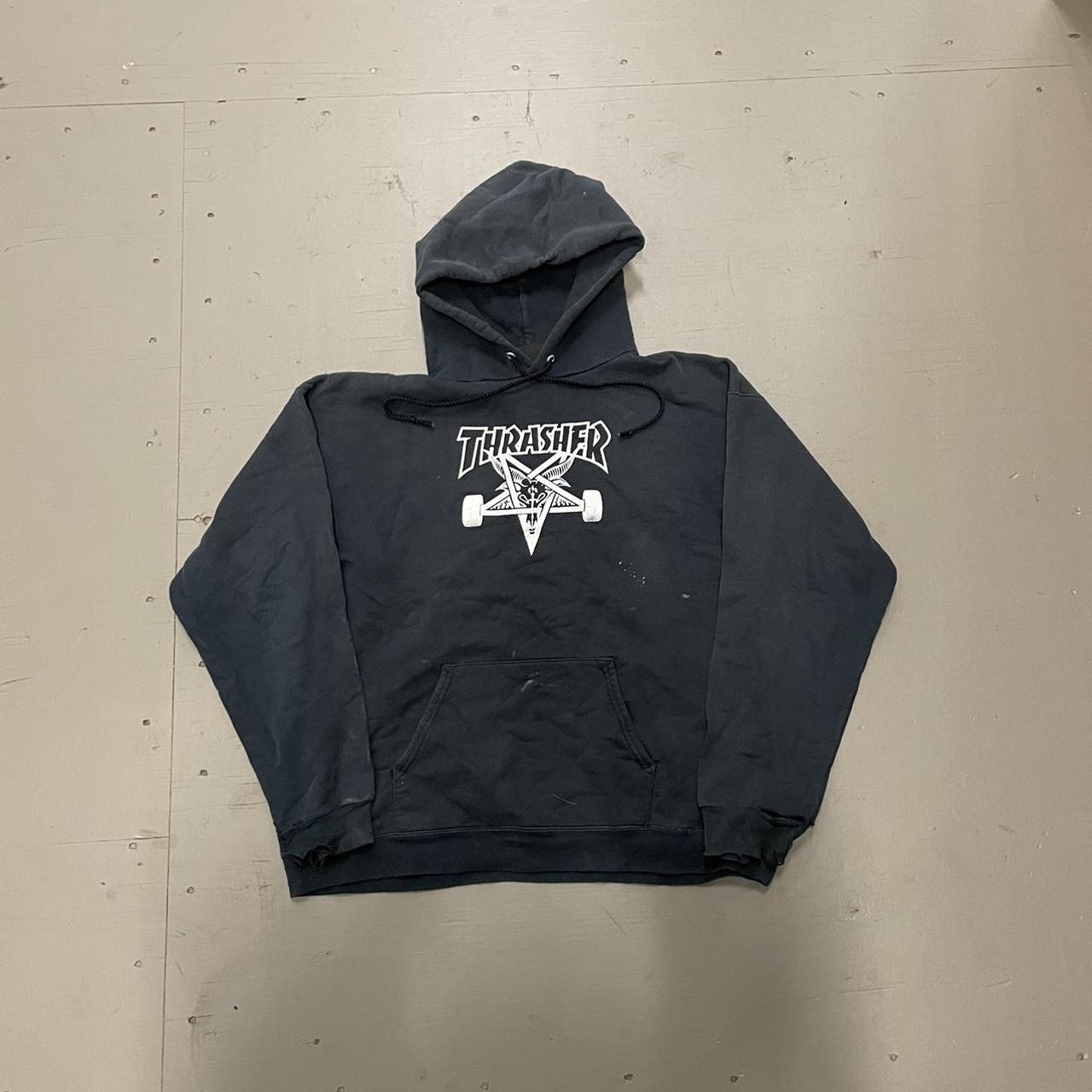 Distressed thrasher pentagram hoodie Boxy L... - Depop