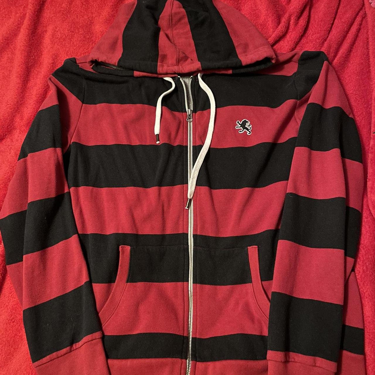 Red and black striped zip up hoodie/jumper size XL... Depop