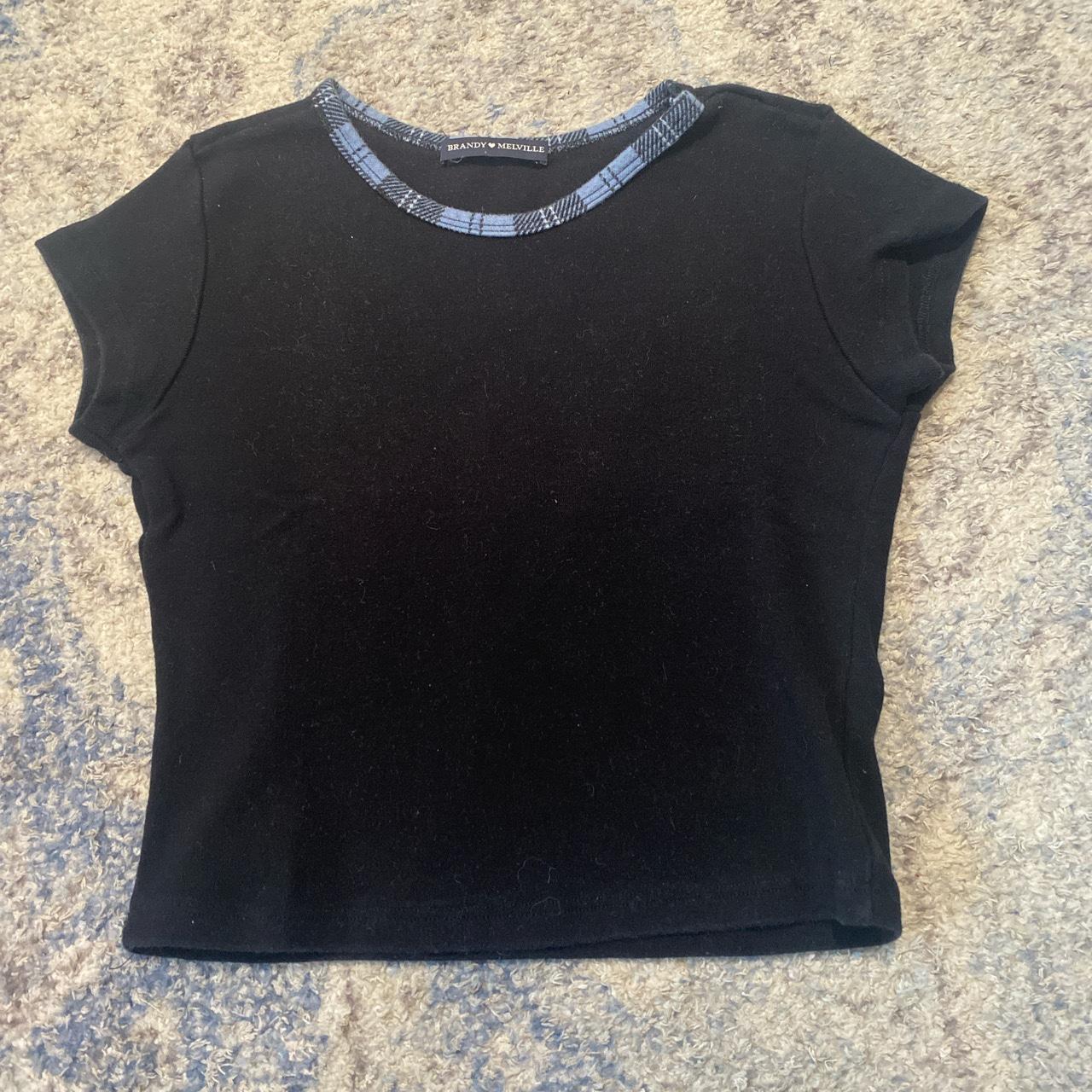 Brandy Melville black baby tee with blue tartan... Depop
