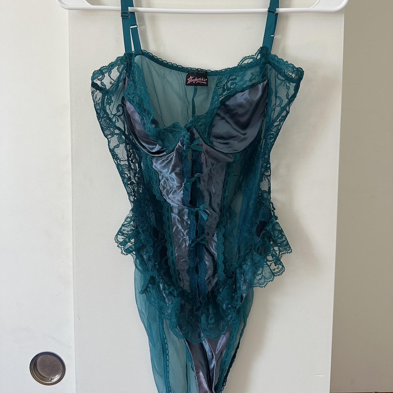 Frederick's outlet blue SATIN & LACE TEDDY smll