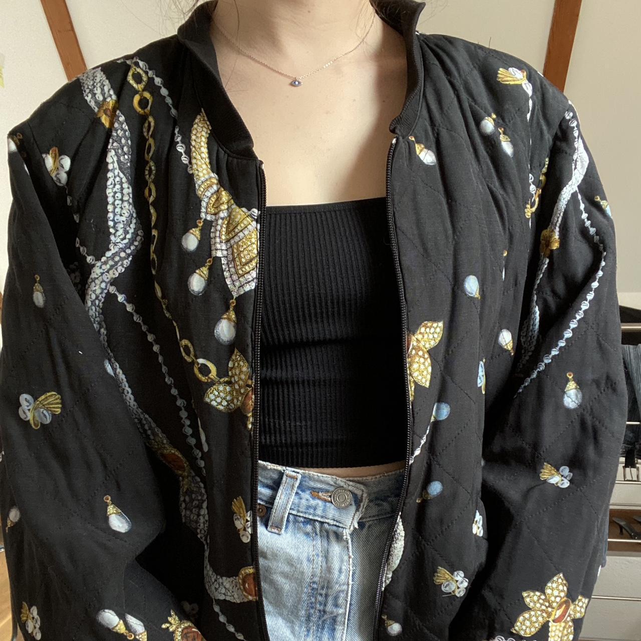 black bomber jacket with jewelry print // fits S/M/L... - Depop