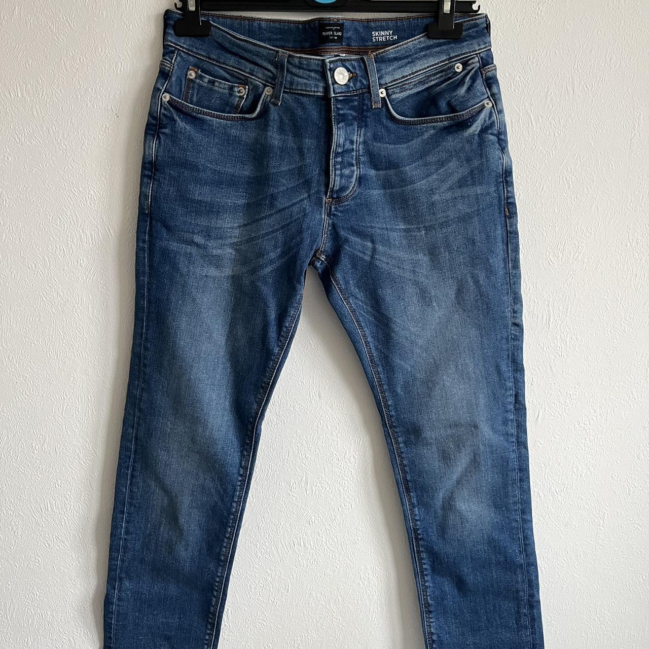 men’s dark blue ‘skinny stretch’ jeans from river... - Depop
