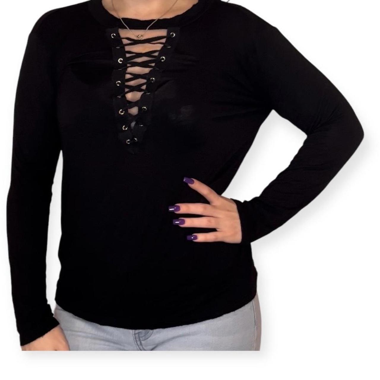 Black Long Sleeve Lace Up Top