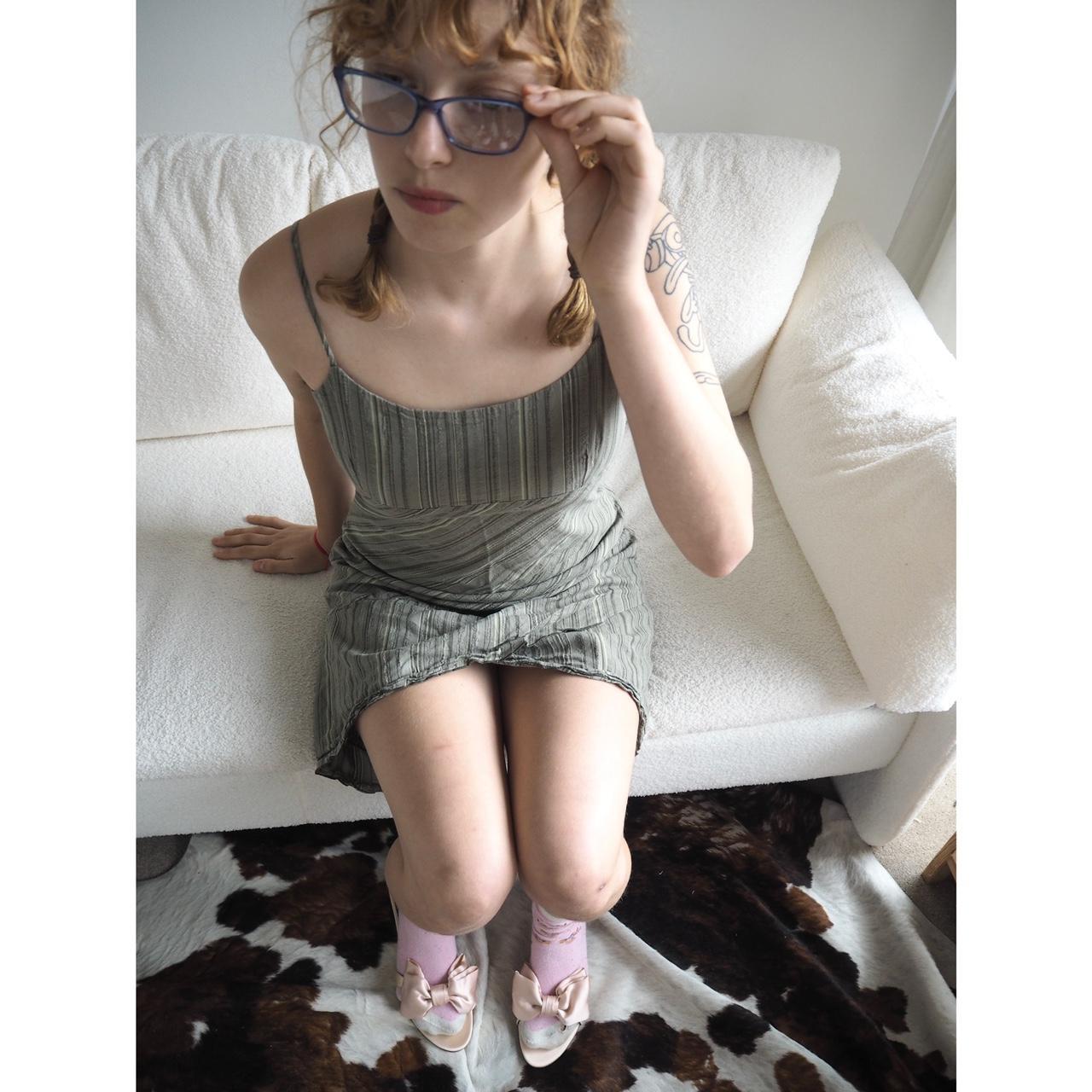 Khaki striped asymmetric hanky hem dress 👗 Depop