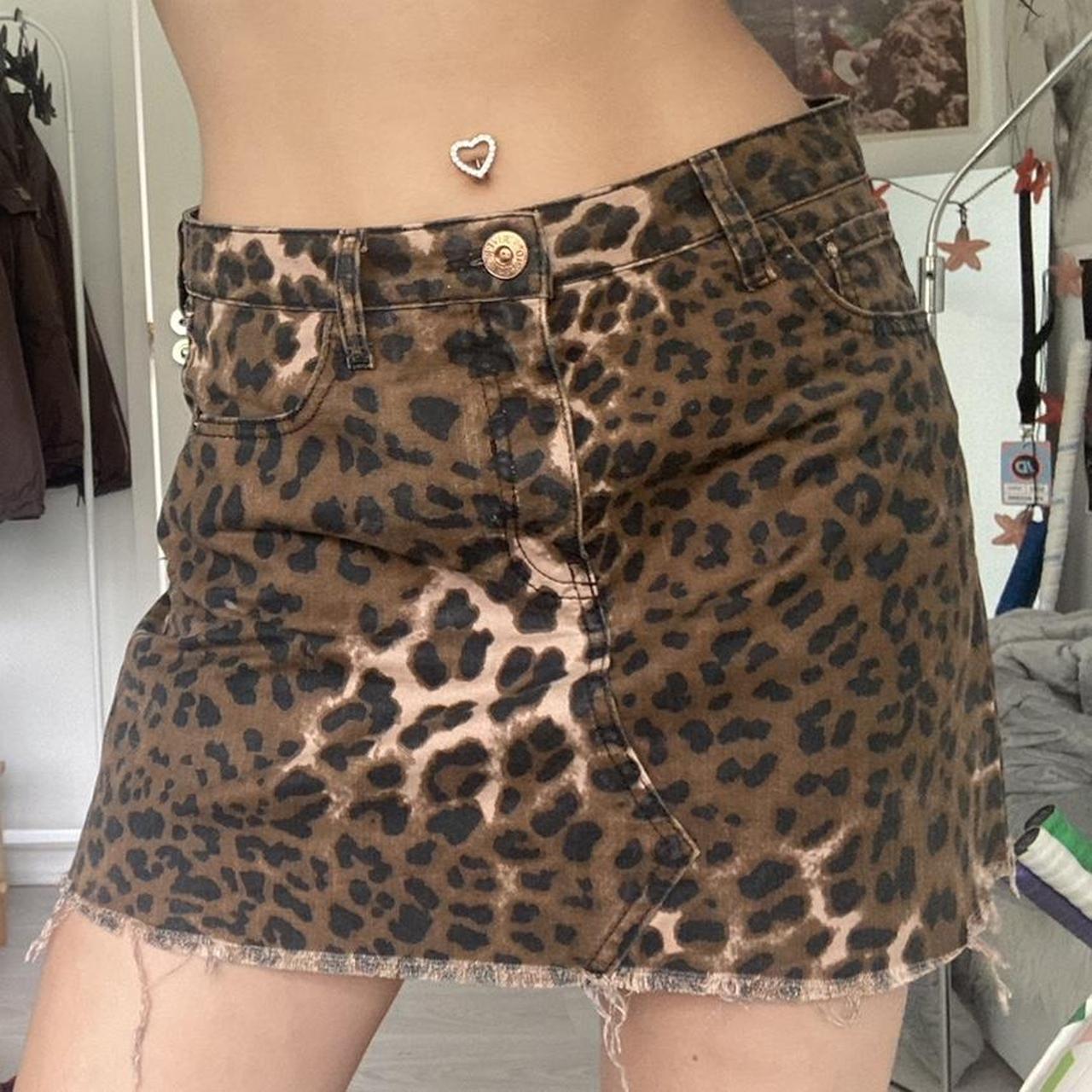 Leopard print denim skirt River island size 10 y2k. Depop