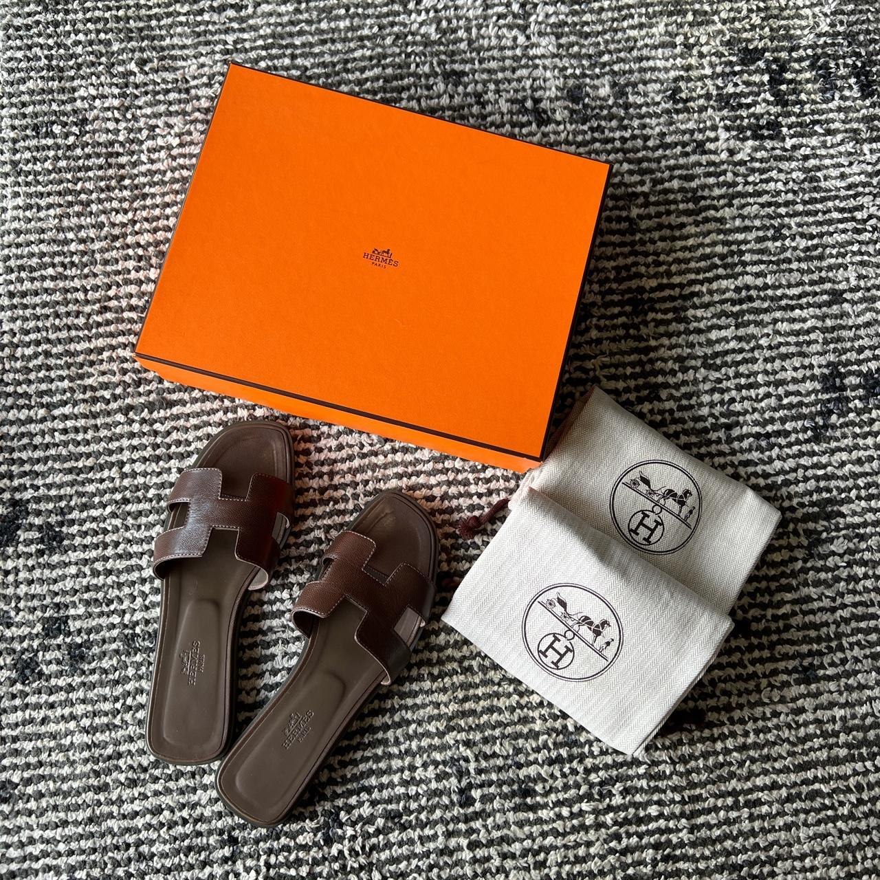 Hermes Oran Sandals in Calfskin Dark Brown Size... - Depop