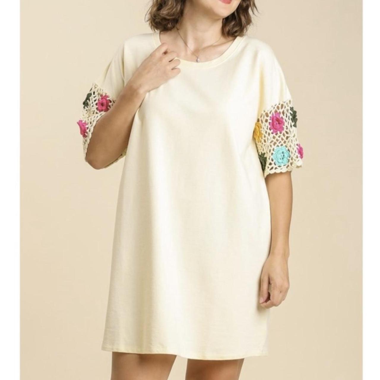 Cream Crochet Sleeve Mini Tee Shirt dress. Depop