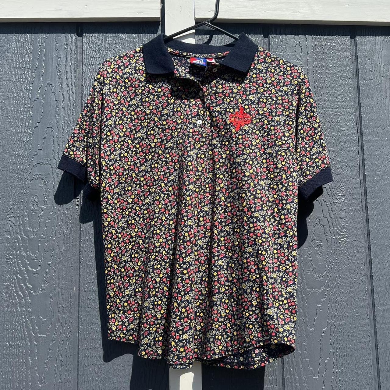 Vintage 90s Floral Print Navy Polo Shirt Marked as | Depop