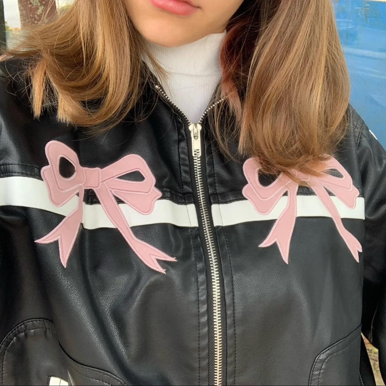 Motorcycle Pink Bow Leather Jacket 🎀🎀 #coquette... - Depop