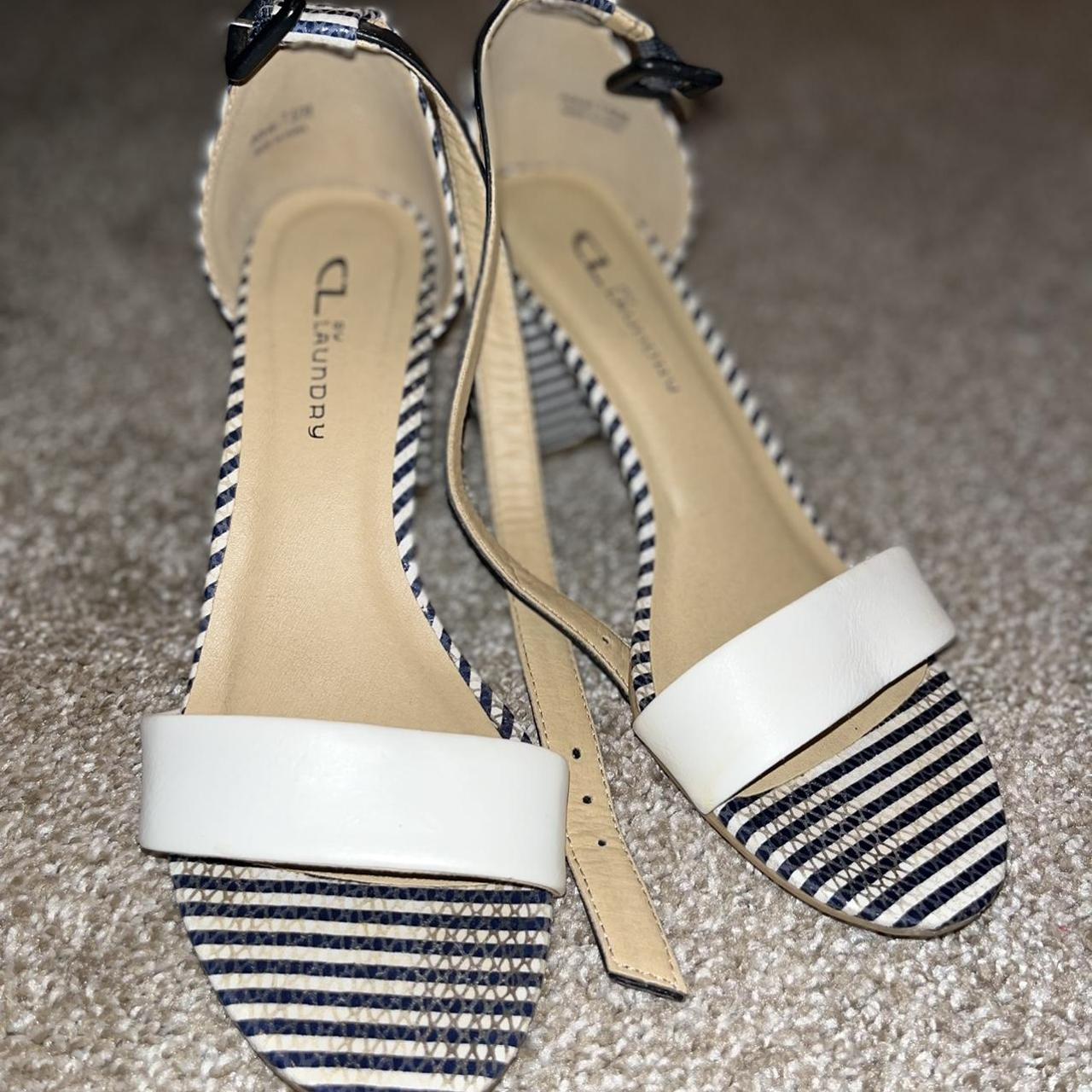 Navy and white striped block high heels with a black... - Depop