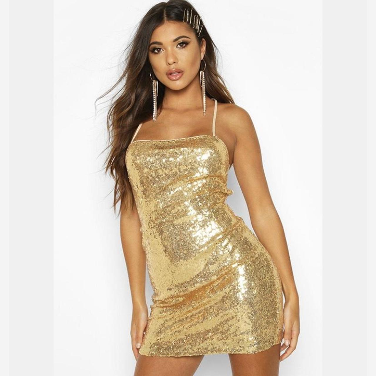 Gold Sequin Strappy Back Bodycon Party Dress from. Depop