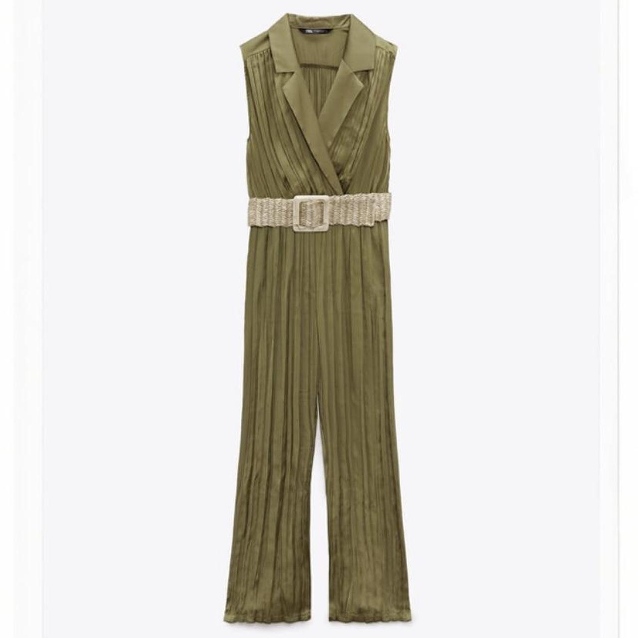 Zara creased effect satin jumpsuit olive green. Belt