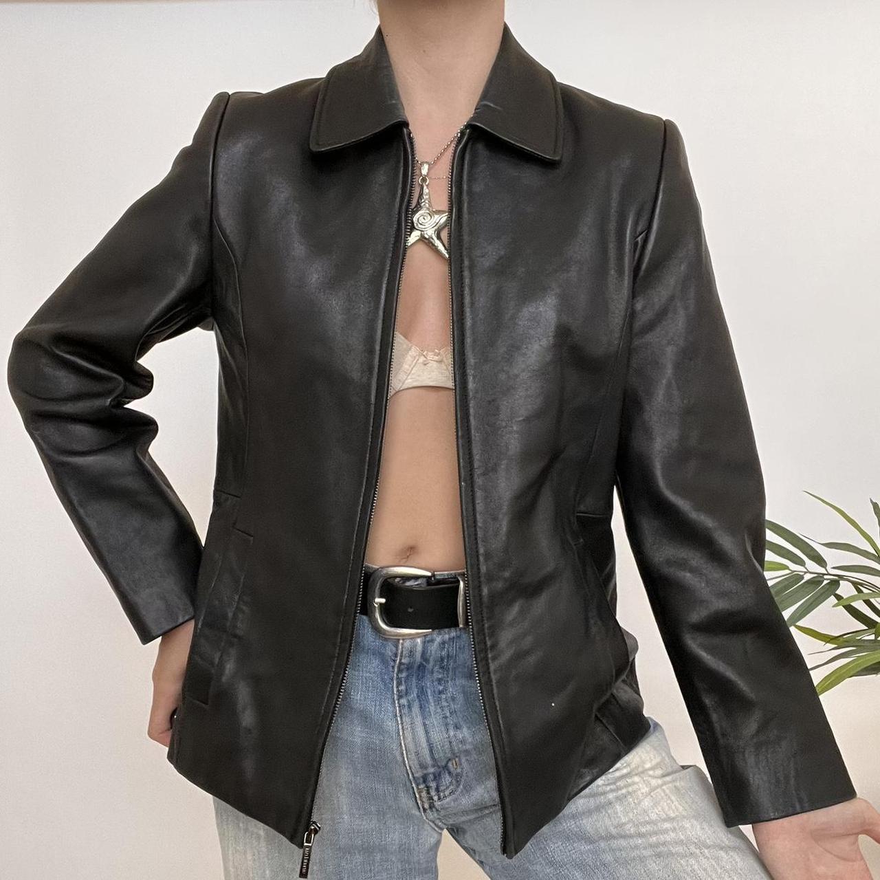 Black leather jacket with a collar and zipper, made... Depop