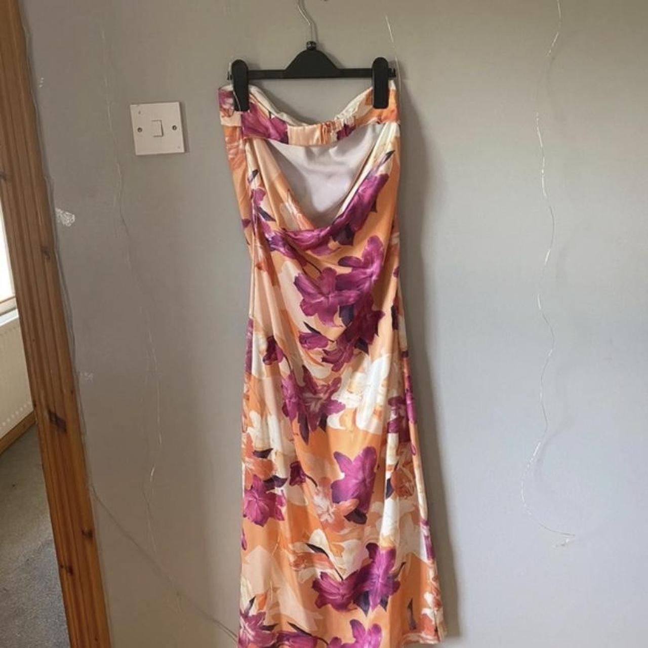 floral pattern midi length dress, orange and pink,... Depop