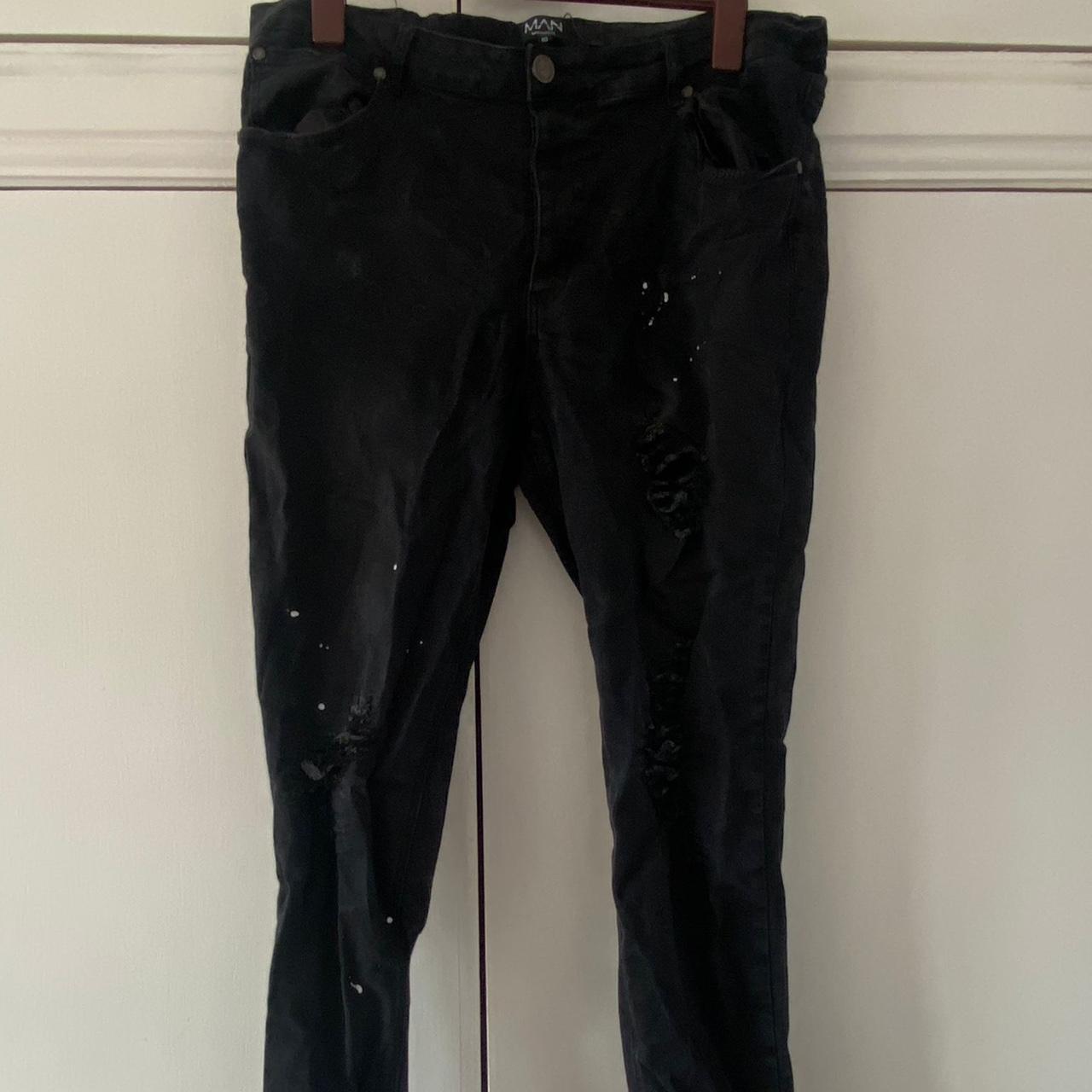 Boohooman jeans black with white paint splatters... Depop