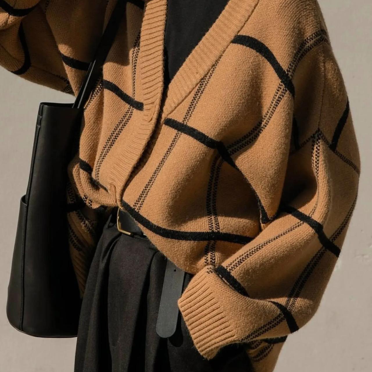 Oak and Forth OVERSIZED PLAID CARDIGAN Camel Depop