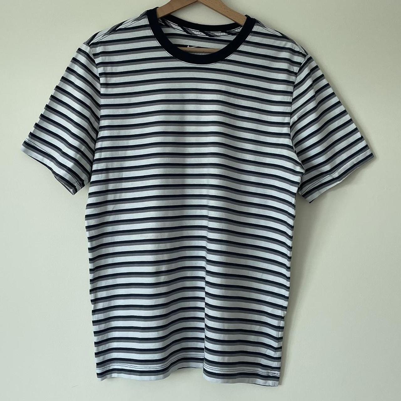 •White, grey and navy blue striped Nike t shirt... - Depop