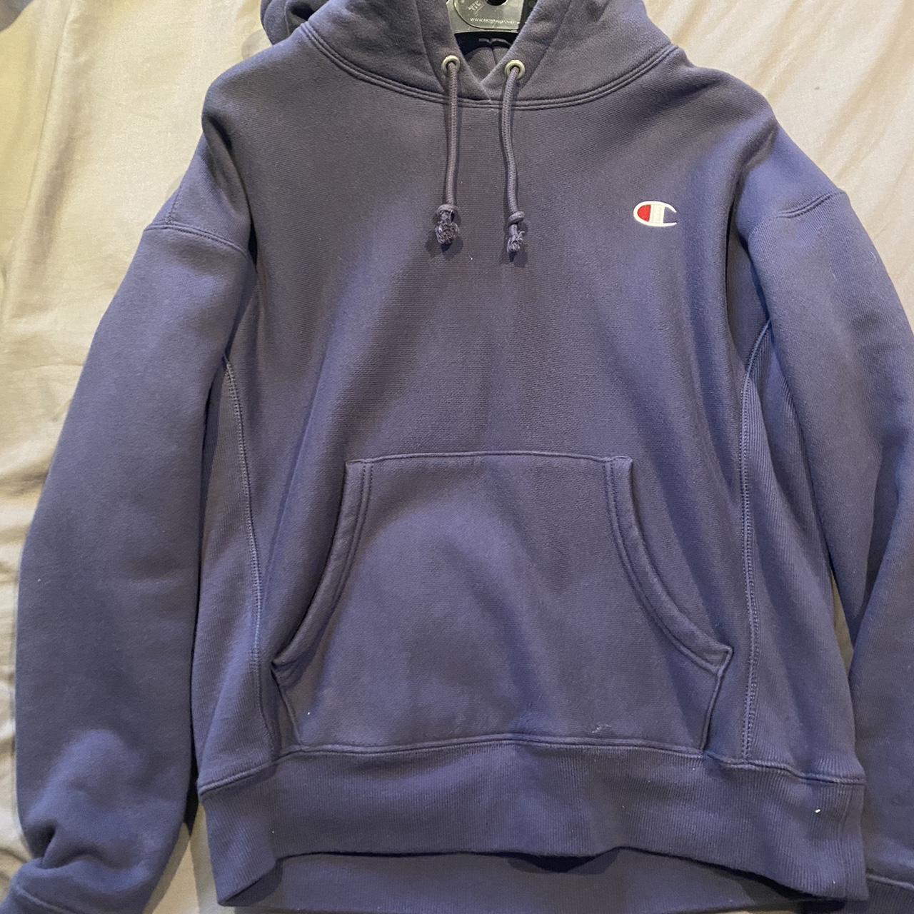 champion navy blue hoodie perfect condition i prefer... - Depop