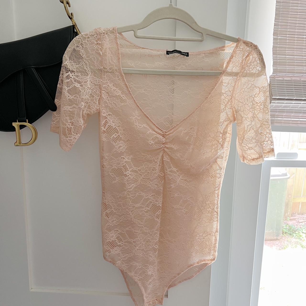 Zara lace bodysuit pink Size M SOLD OUT - Depop