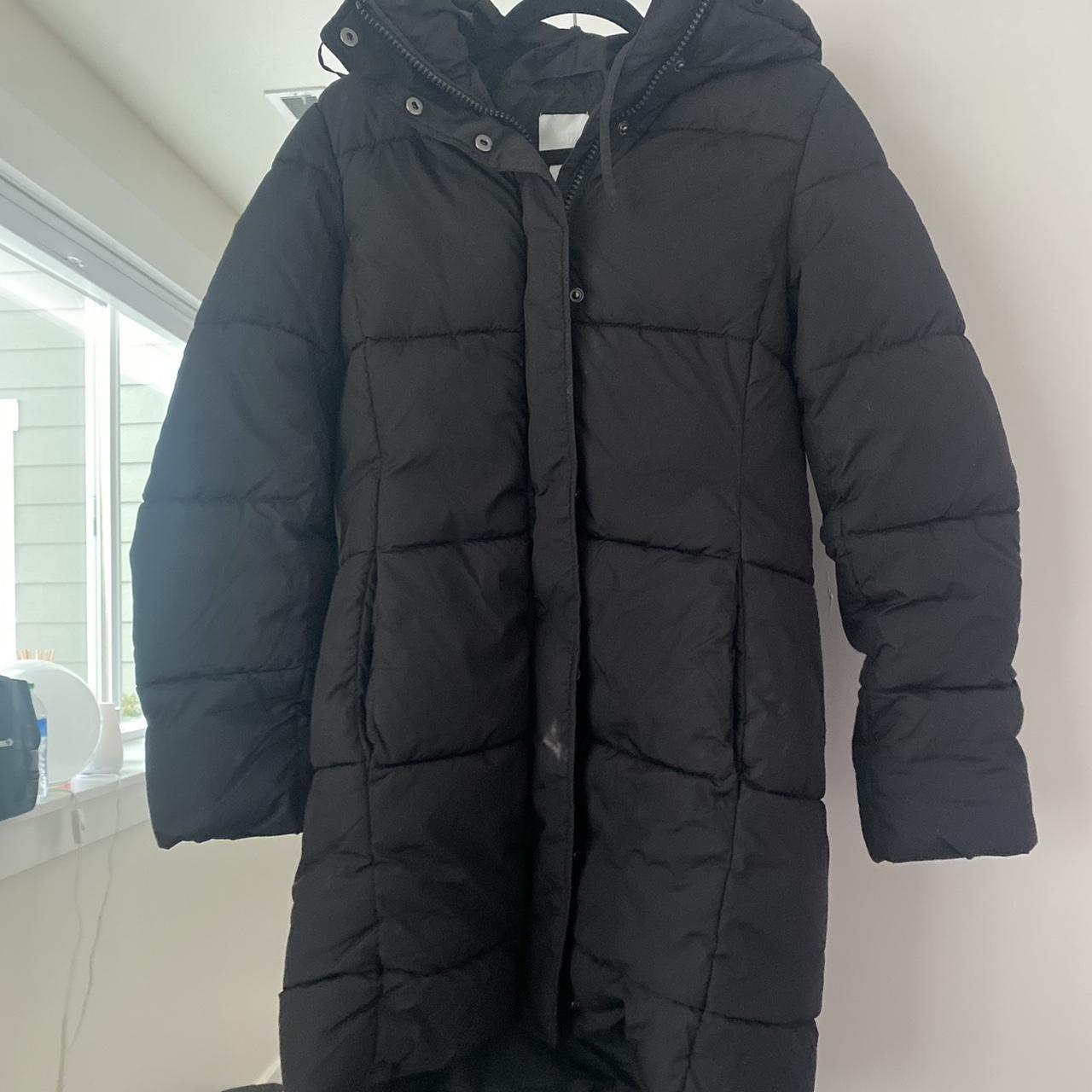 long black puffer jacket with hood and pockets. h&m... - Depop