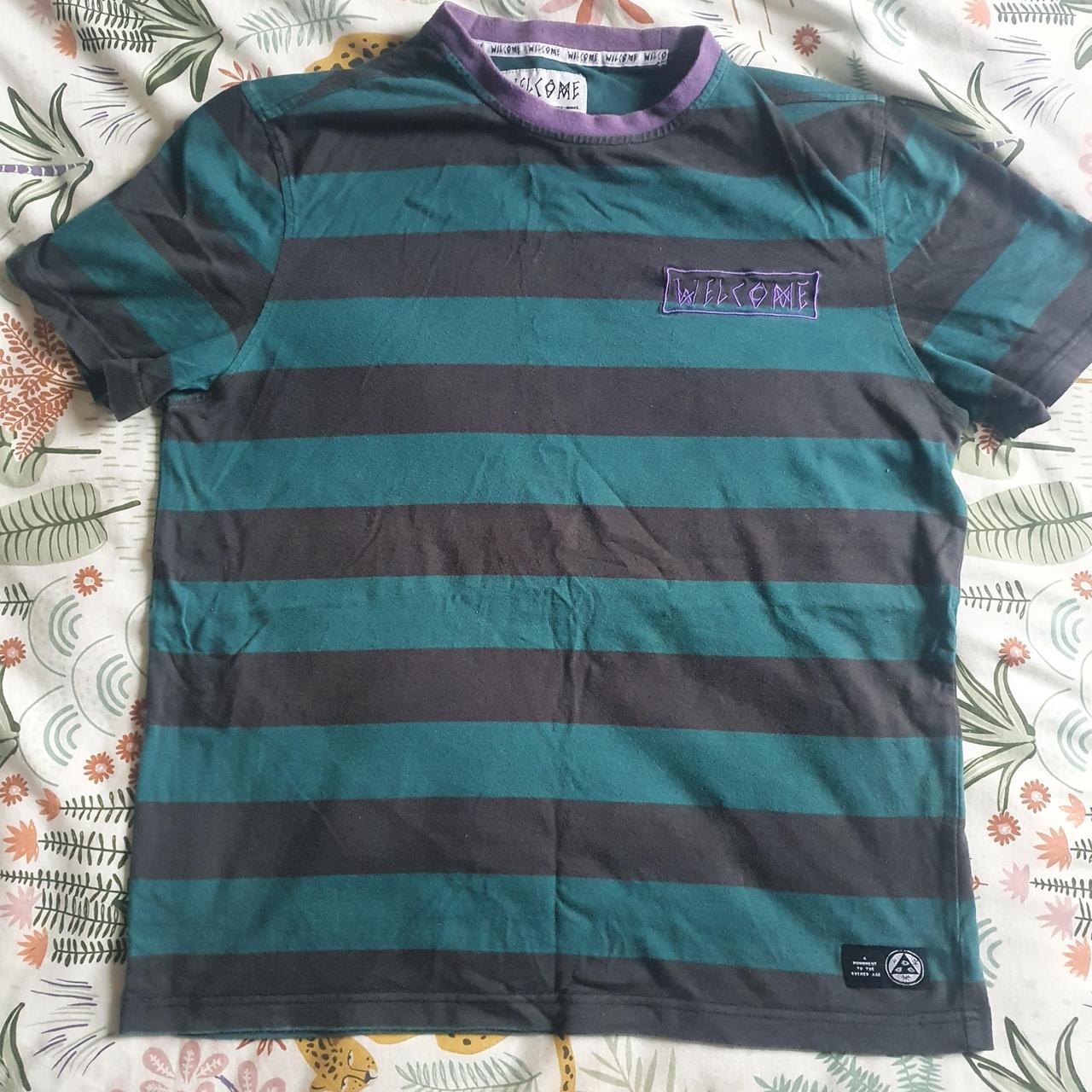 Dark green and black striped Welcome tshirt Used but... - Depop