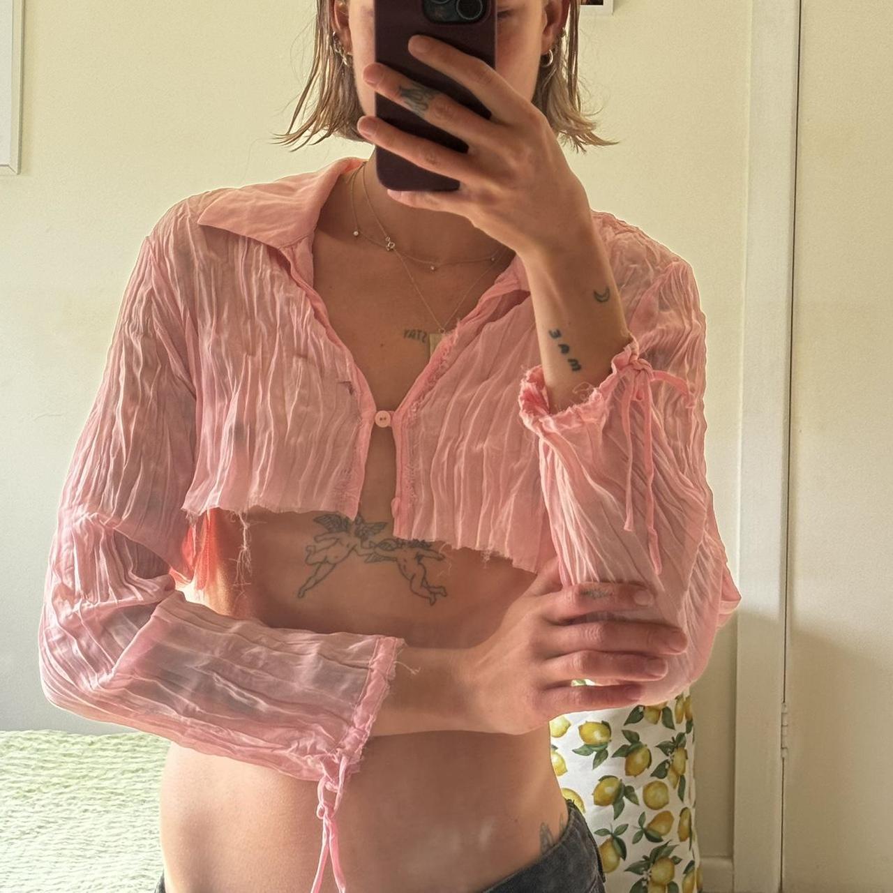 トップス crank Sheer Collared Button Top_Pink SHEER COLLARED BUTTON TOP_PINK - CRANK