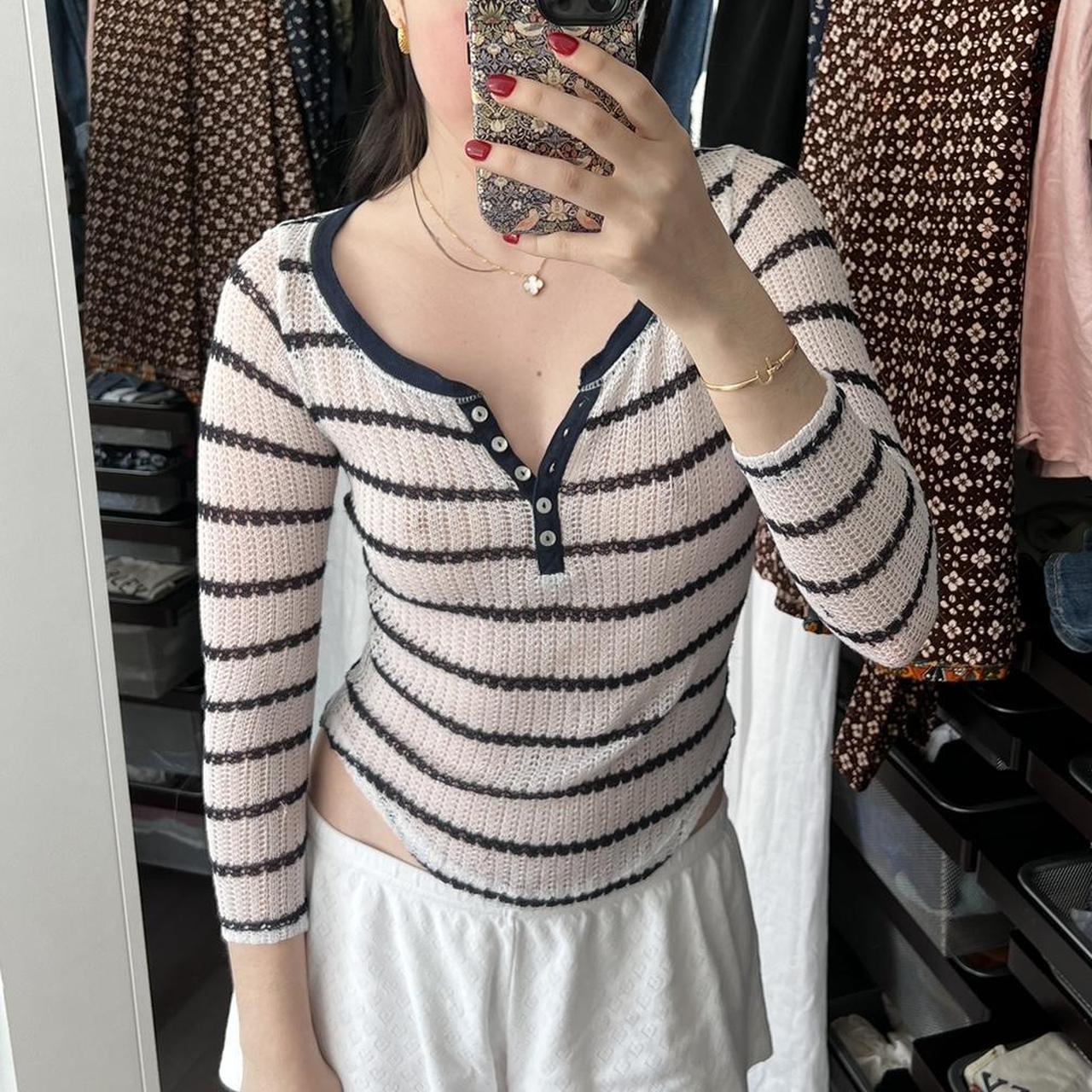 Y2k Aeropostale Striped Knit Henley Top Navy and - Depop