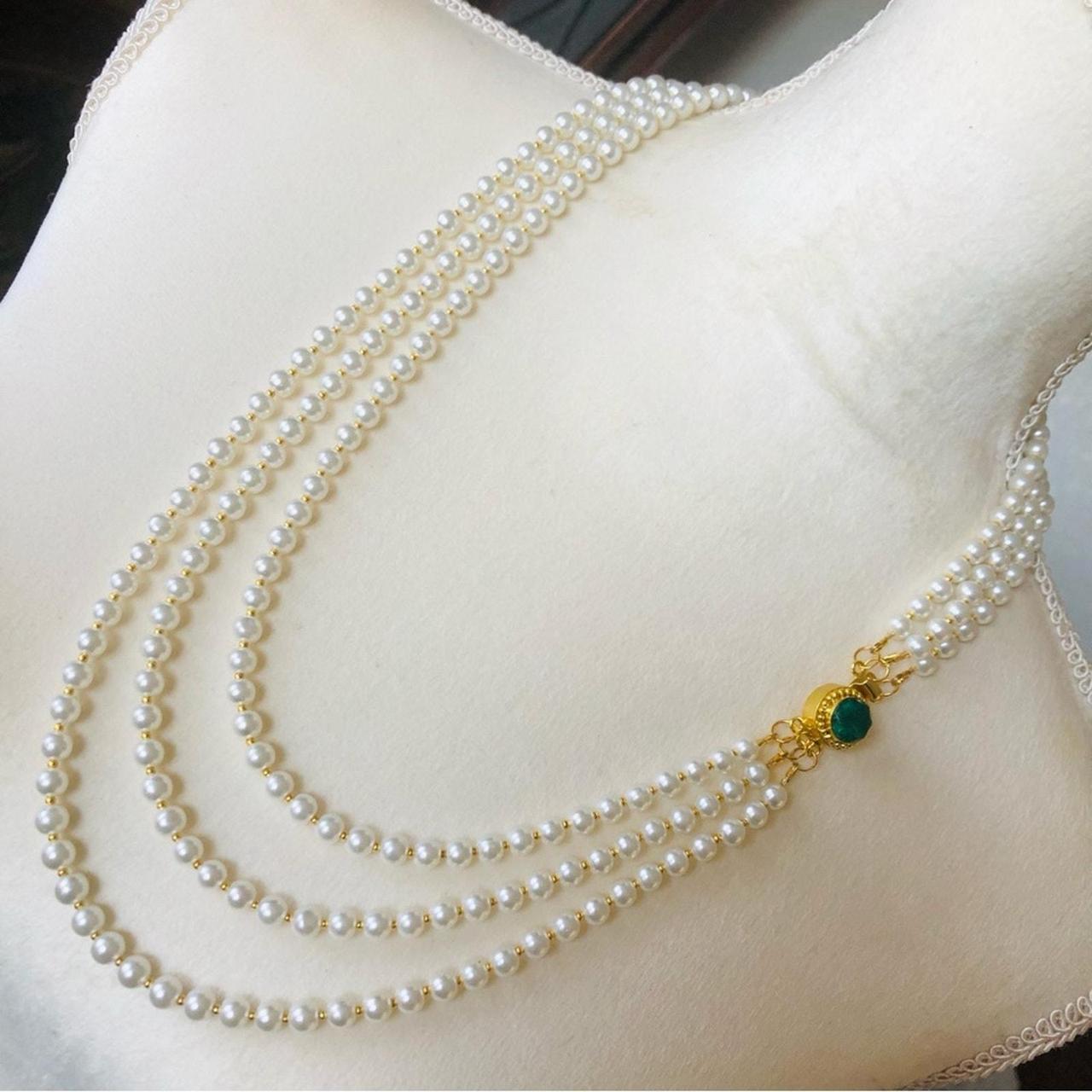 Handcrafted triple strand white Czech glass Pearl genuine emerald deals clasp necklace