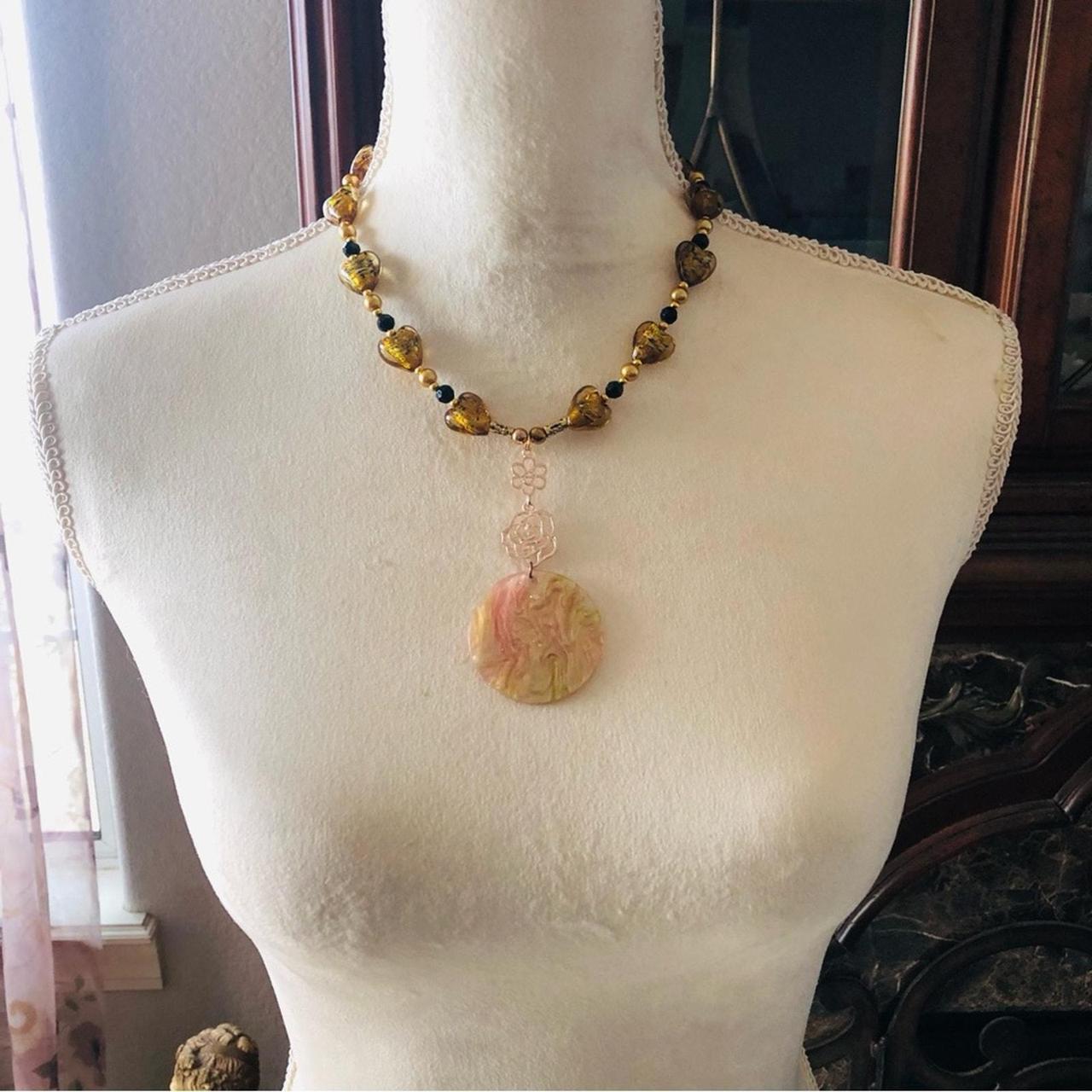 Handcrafted store repurpose sparkle medallion drop pendant Czech glass Pearl necklace