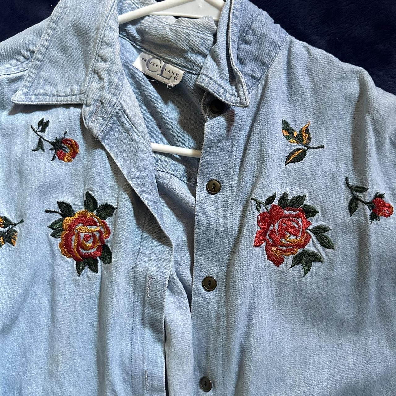 cricket lane denim button up top with embroidered... Depop