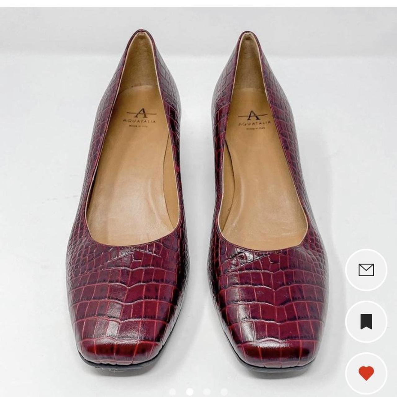 Aquatalia Elaine burgundy croc block heel worn