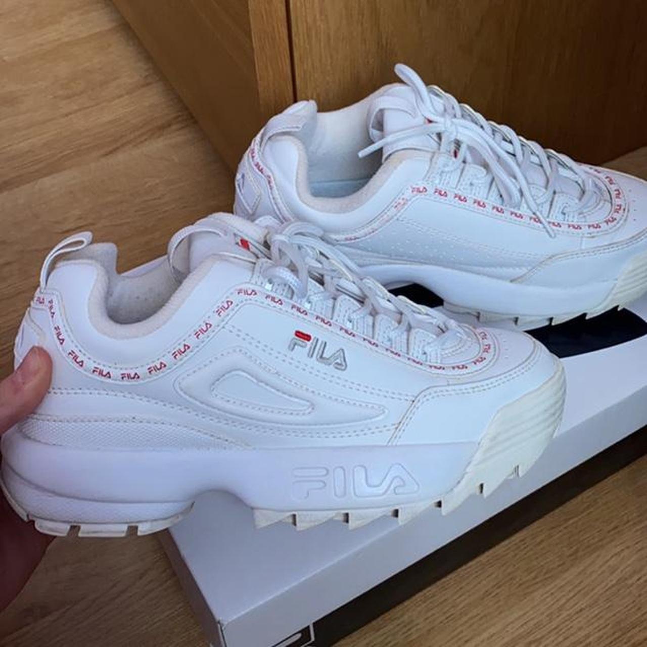 Fila Disruptors Repeat white and red womens in size. Depop