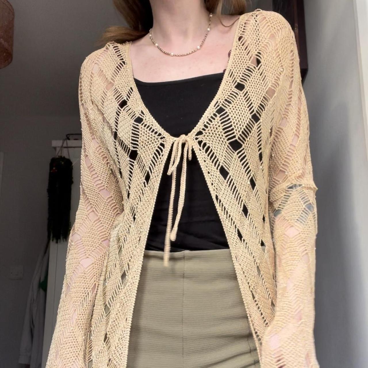 Gold openknit boho lace cardigan with tie front and... Depop