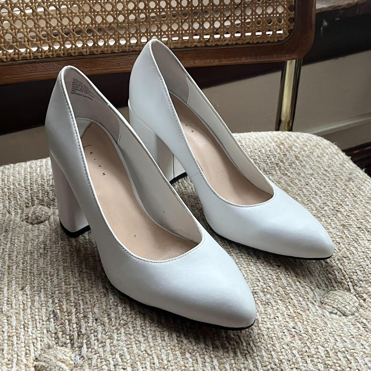 Leith Nik White Pointed Toe Block Heels really
