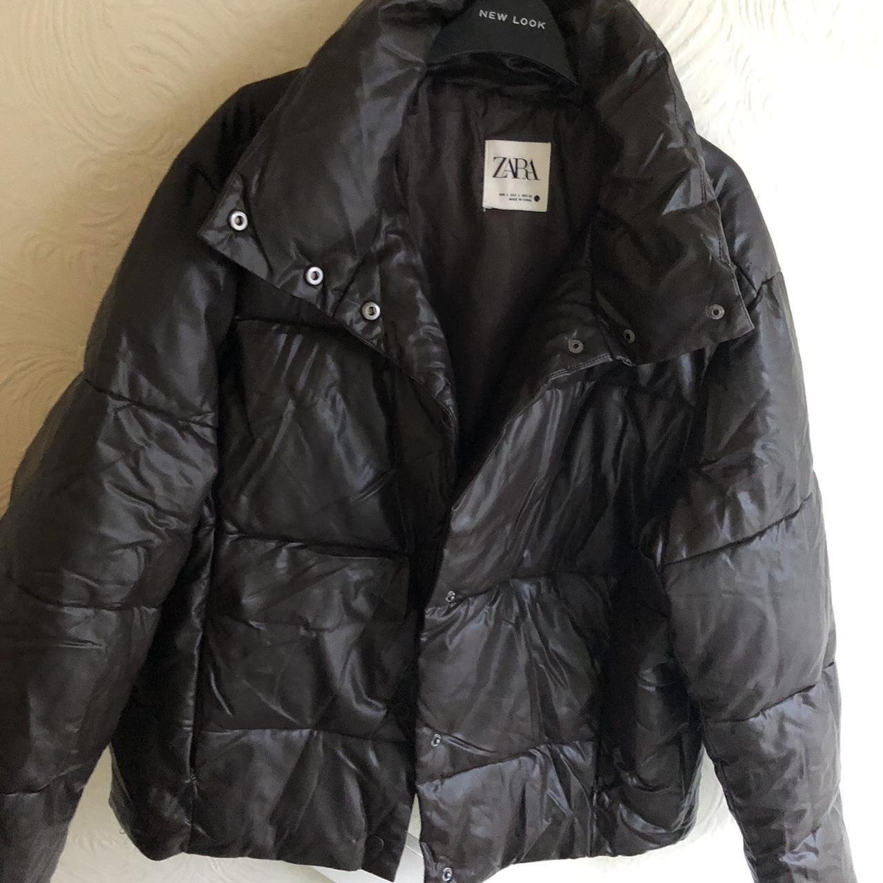 Zara Dark Chocolate Brown Leather Puffer Jacket... - Depop