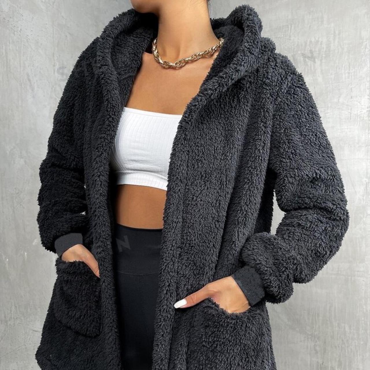 Shein Pocket Front Teddy Coat Black Fleece Teddy Coat With A Hood