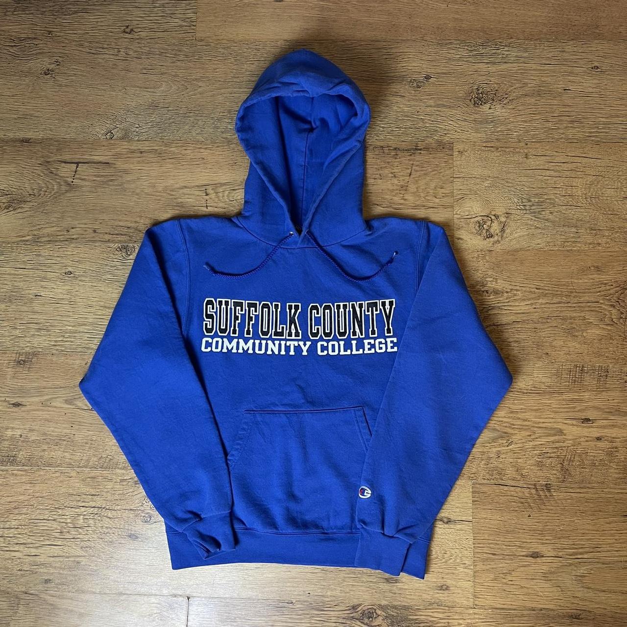 Champion Men's Blue and White Hoodie | Depop