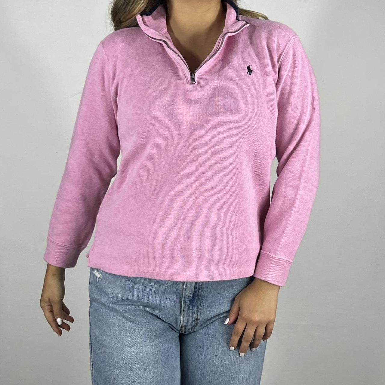 Polo sweatshirt. Pink and navy colorway. Fits. A Depop