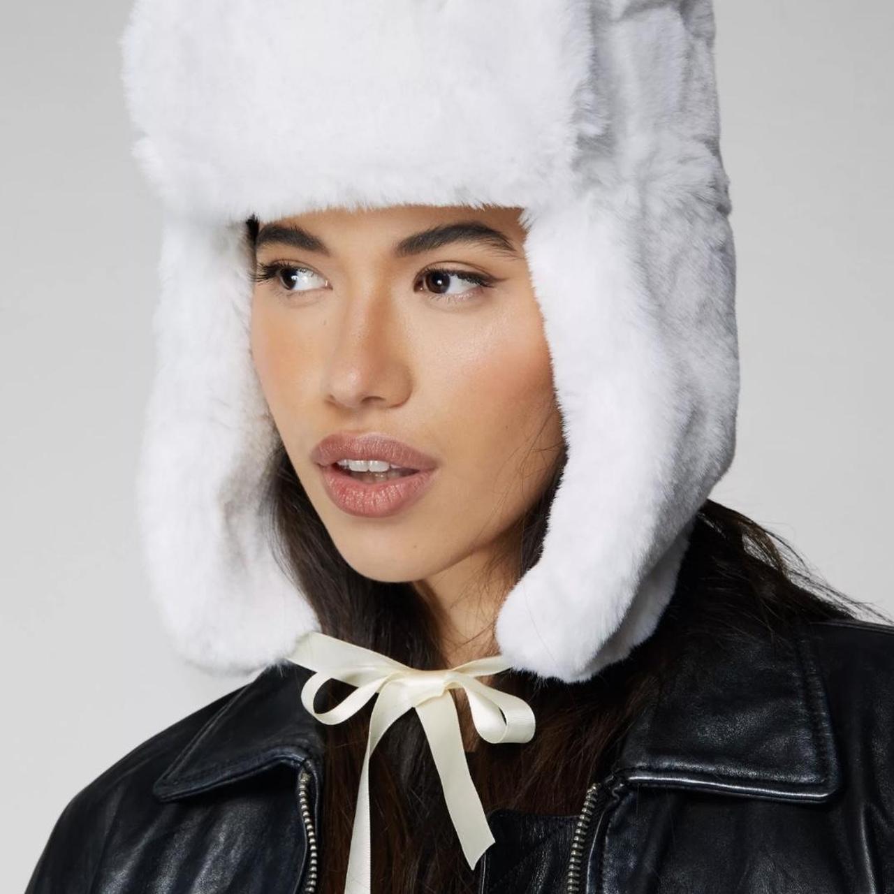 White faux fur cozy winter trapper hat with white... - Depop