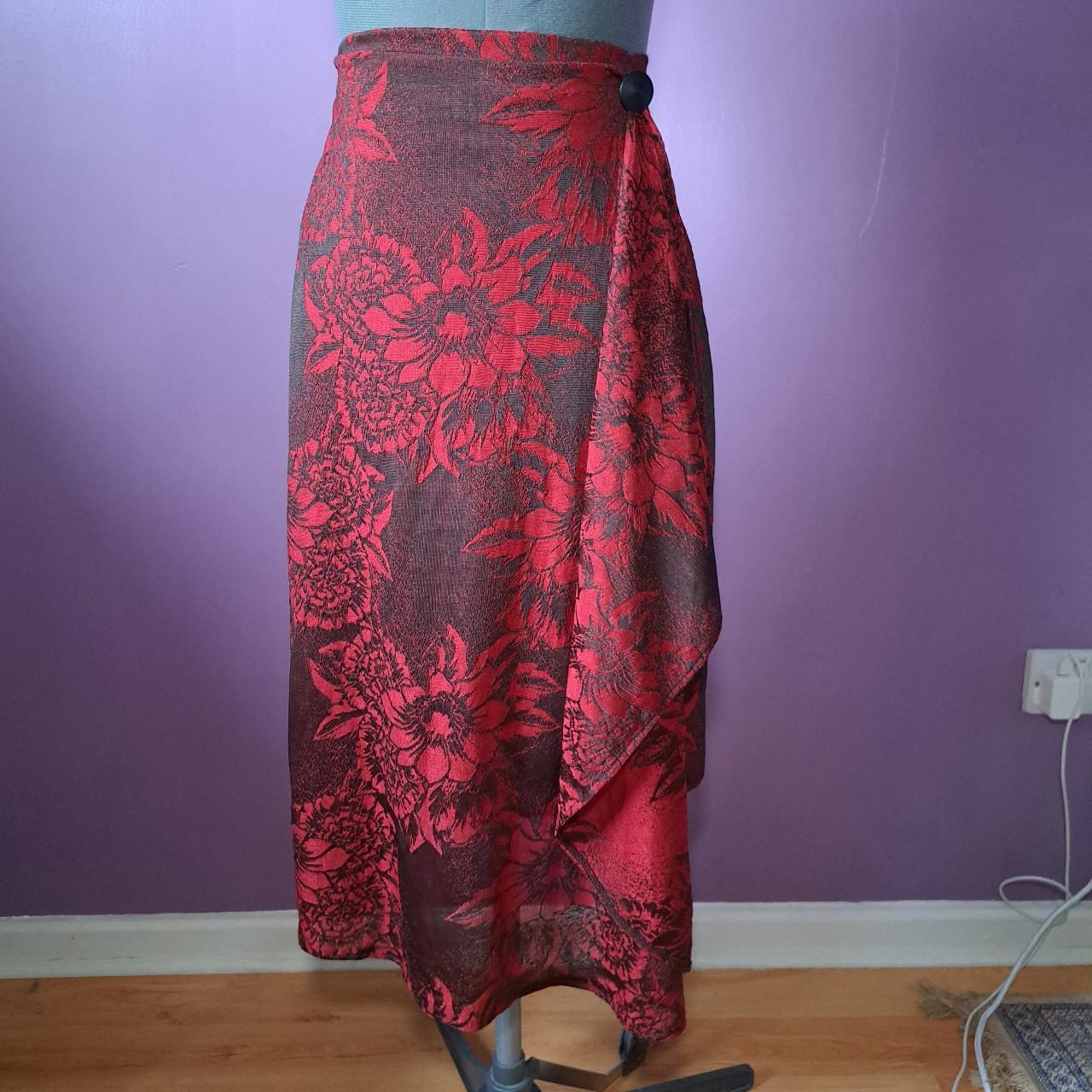 Red floral wrap around Zara skirt size 10 zara... Depop