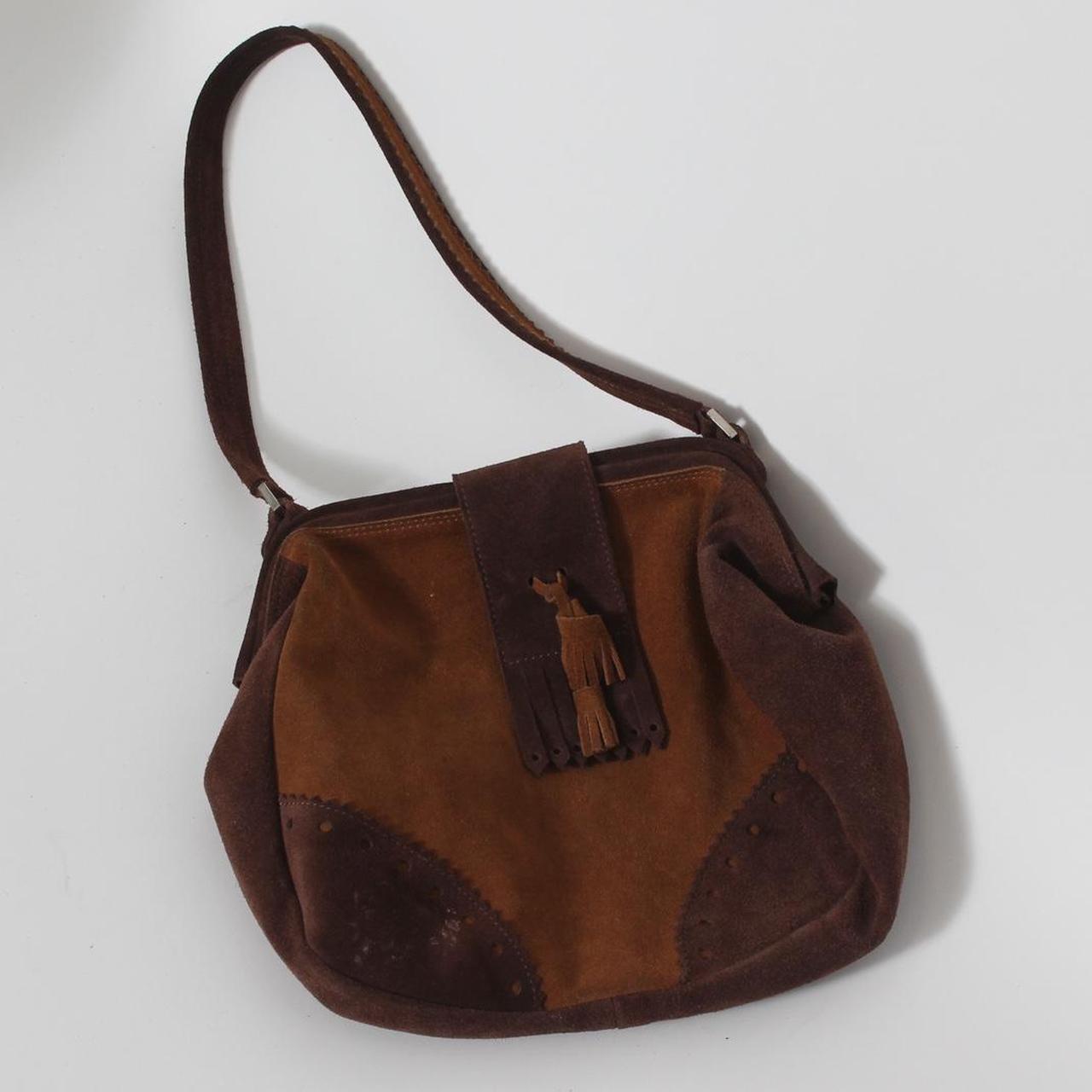 Brown suede and leather square body purse with two - Depop