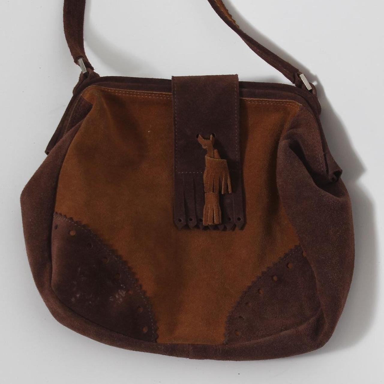Brown suede and leather square body purse with two - Depop