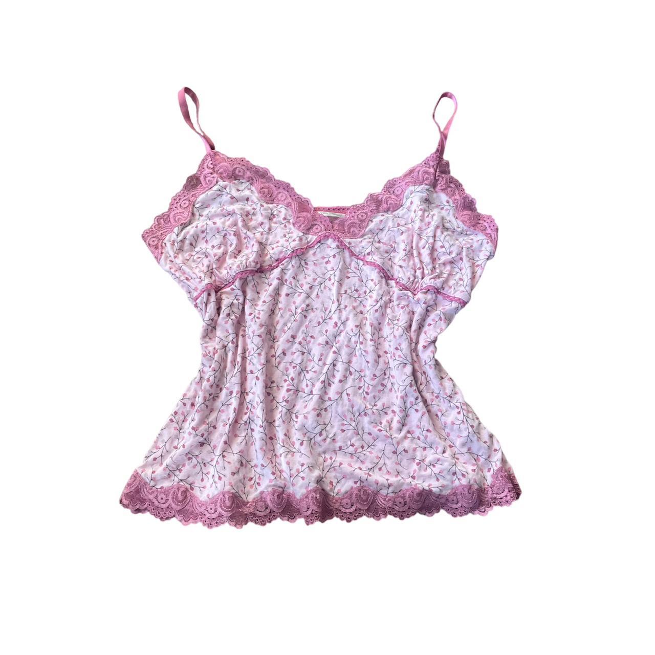 the cutest floral lace y2k pink cami top - tagged... - Depop
