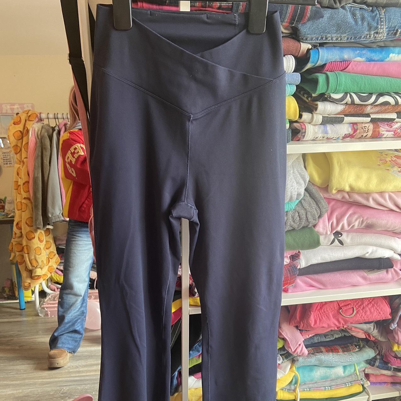 Navy flare leggings - criss cross waistband - worn - Depop