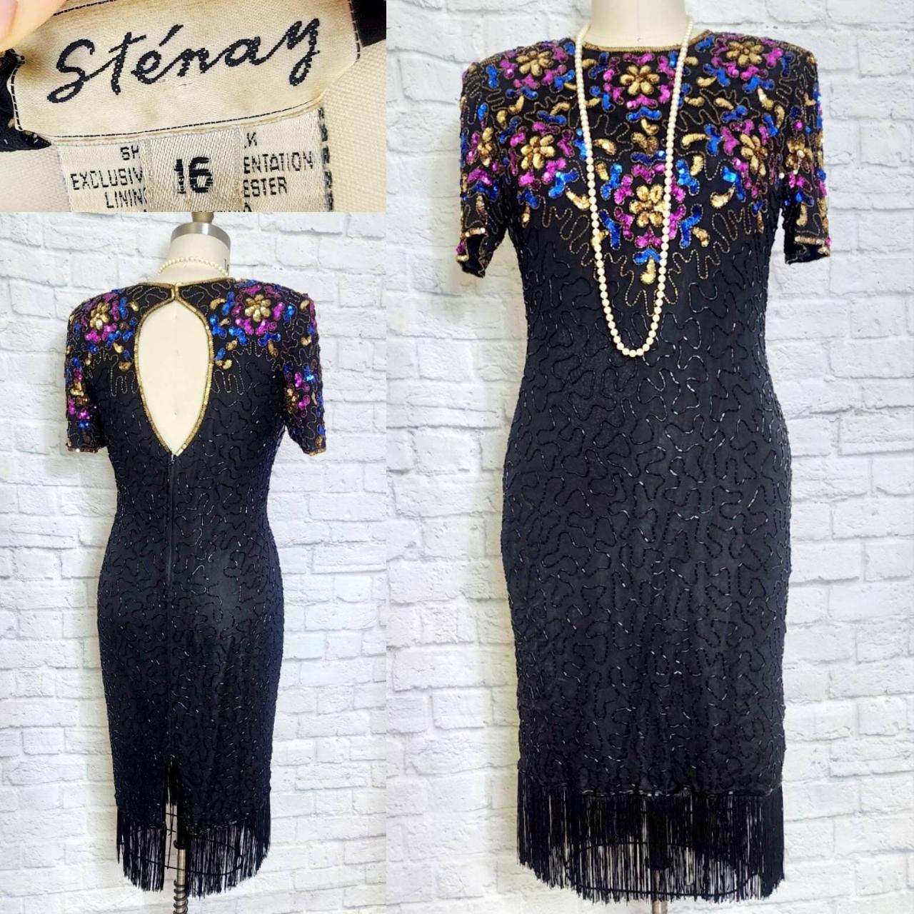 L/XL Beaded 80s 90s Dress Black Gold Blue pink... - Depop